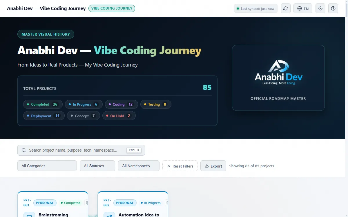 Anabhi Dev — Vibe Coding Journey Roadmap interface